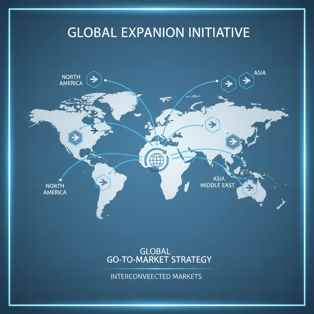 Global business strategy visualization with interconnected markets across continents